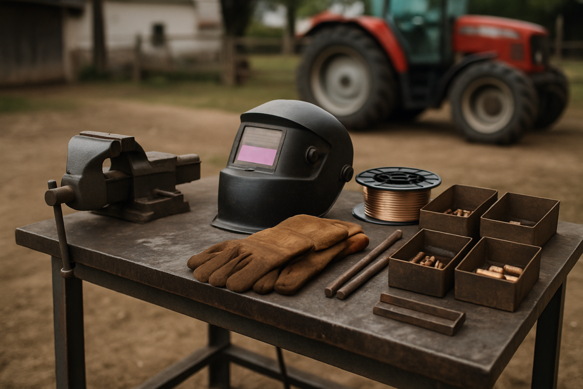 Atelier cu accesorii sudură fermă: mască automată, mănuși și set consumabile sudură pe banc