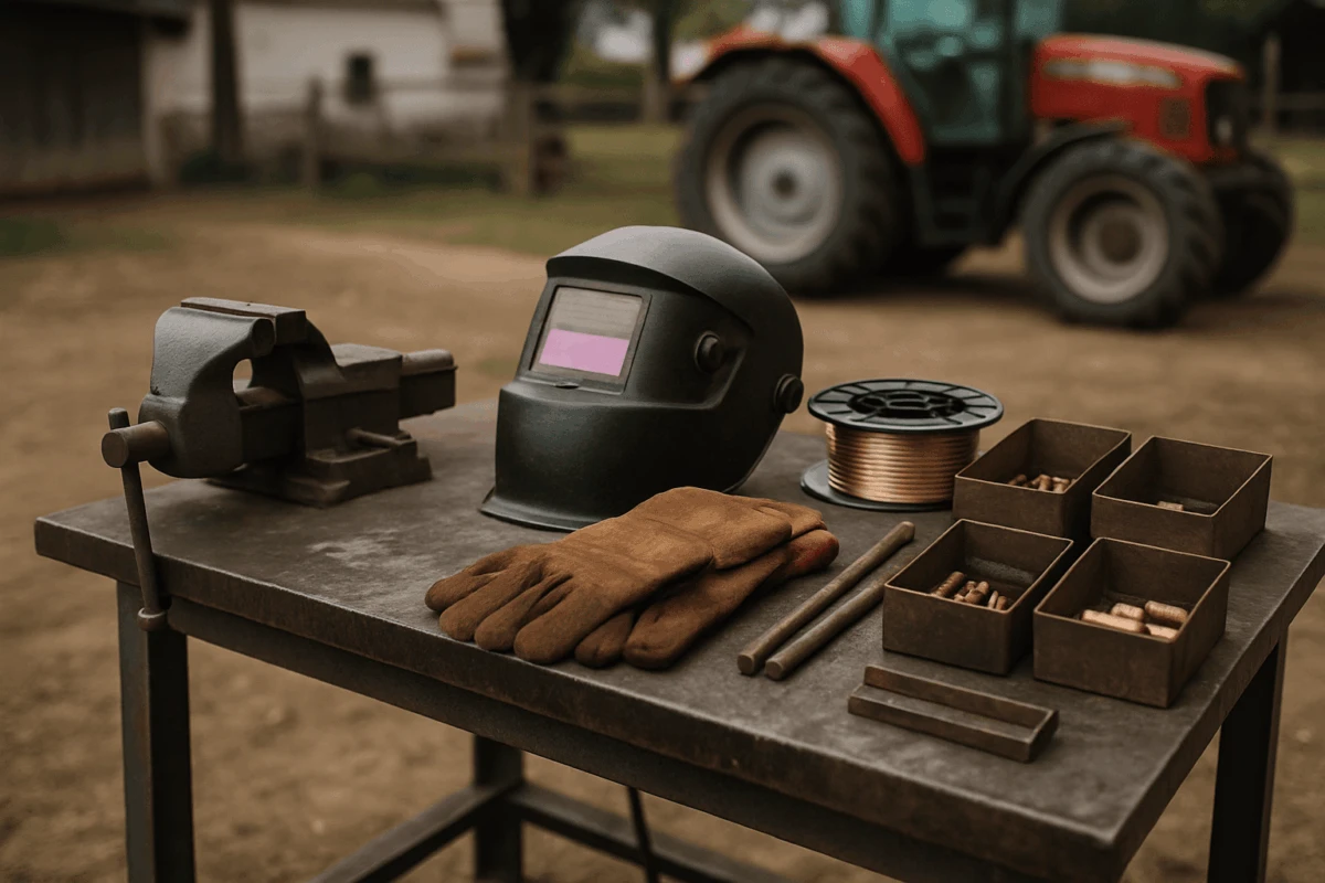 Atelier cu accesorii sudură fermă: mască automată, mănuși și set consumabile sudură pe banc