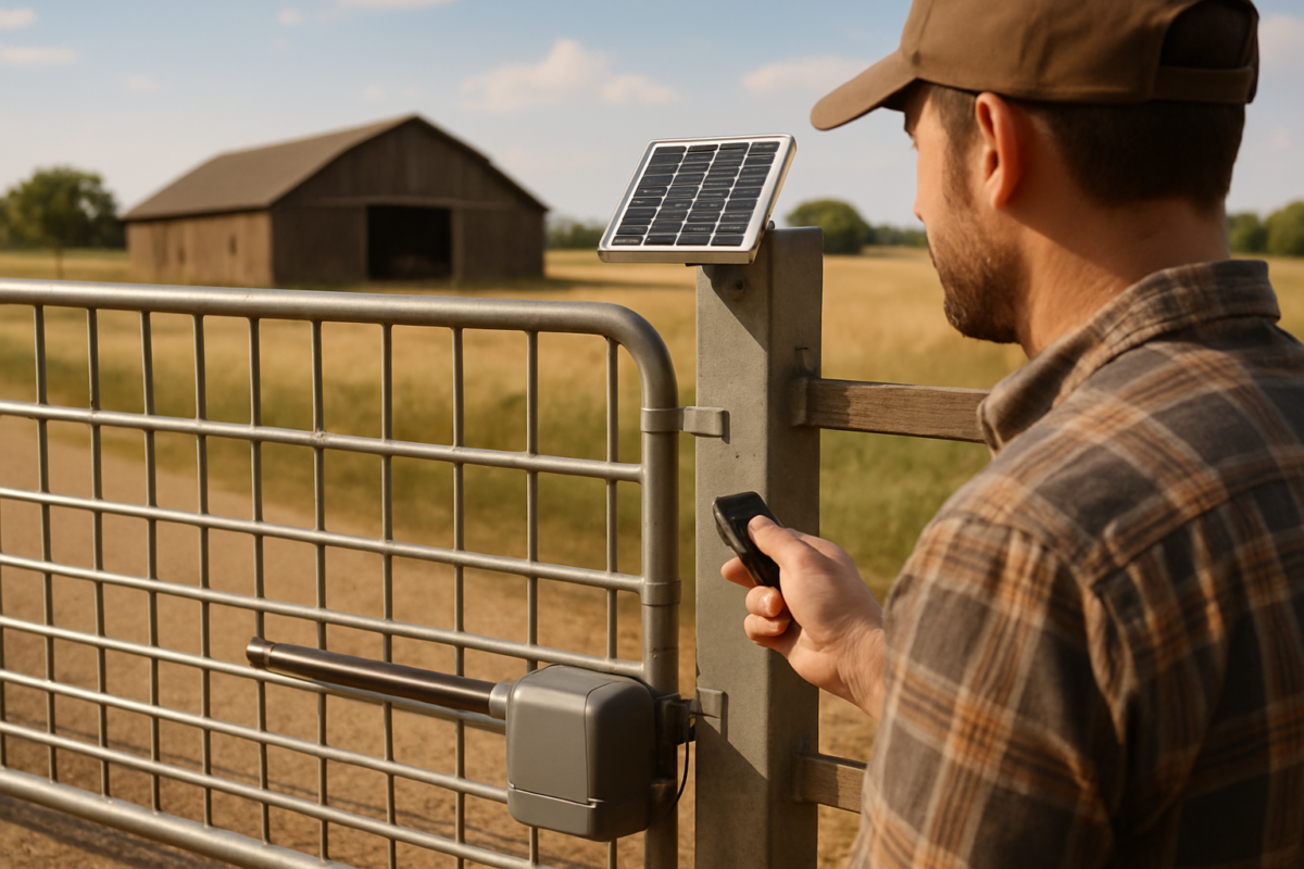 Automatizare porți ferme cu motor și panou solar, fermier folosind telecomandă