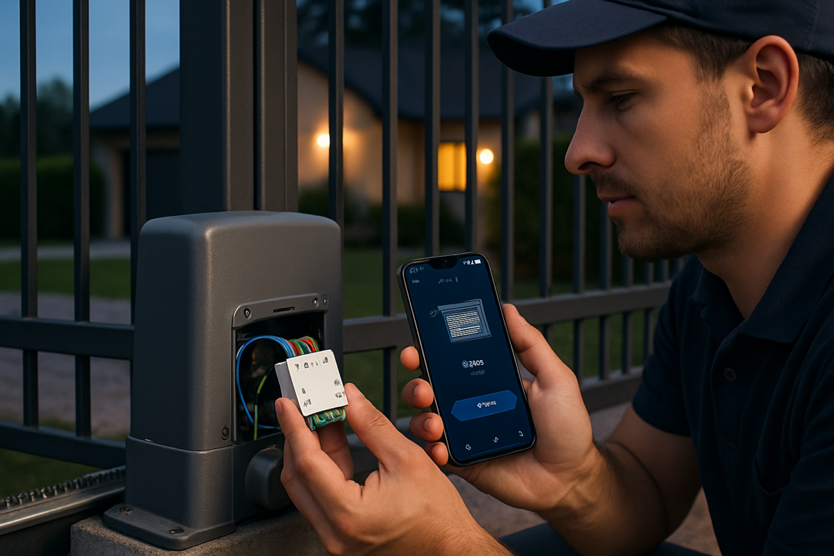 Montaj modul pentru automatizare porti smart home, smartphone afișând aplicația de control