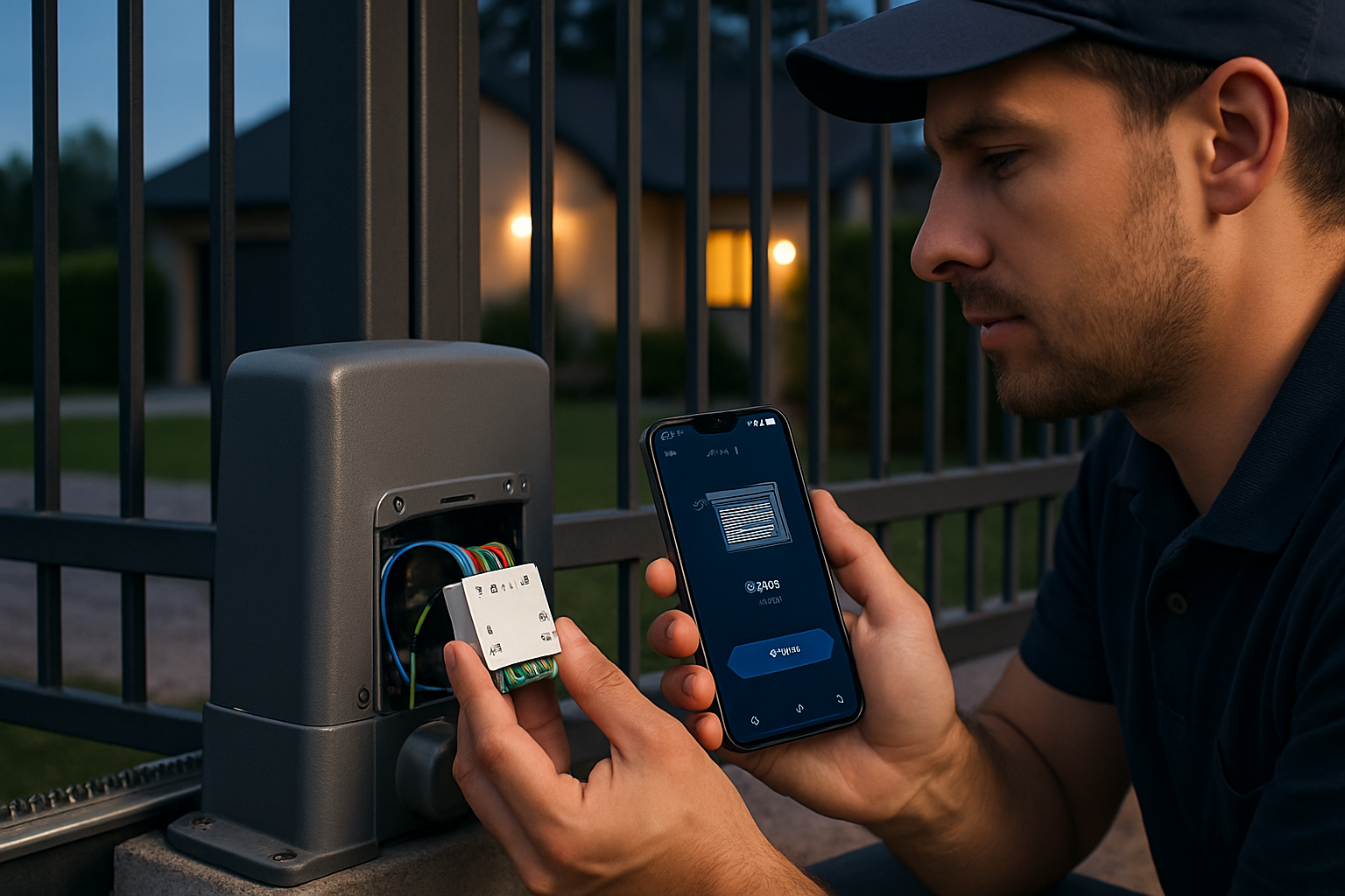 Montaj modul pentru automatizare porti smart home, smartphone afișând aplicația de control