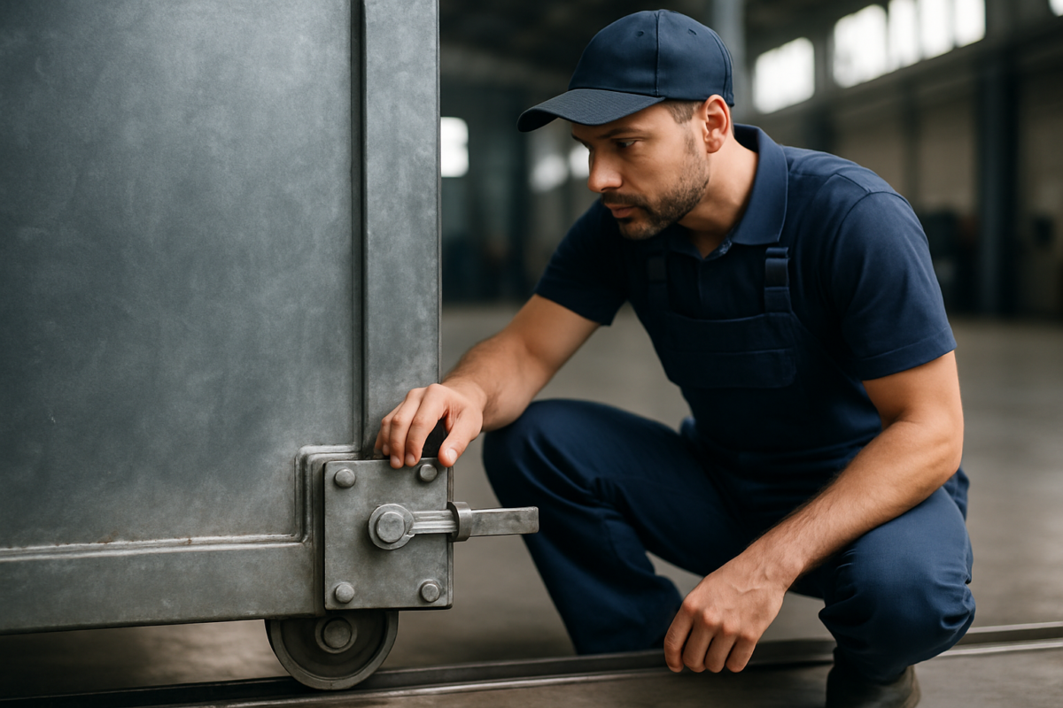 tehnician verificand blocare mecanică porți montata pe poarta industriala