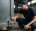 tehnician verificand blocare mecanică porți montata pe poarta industriala