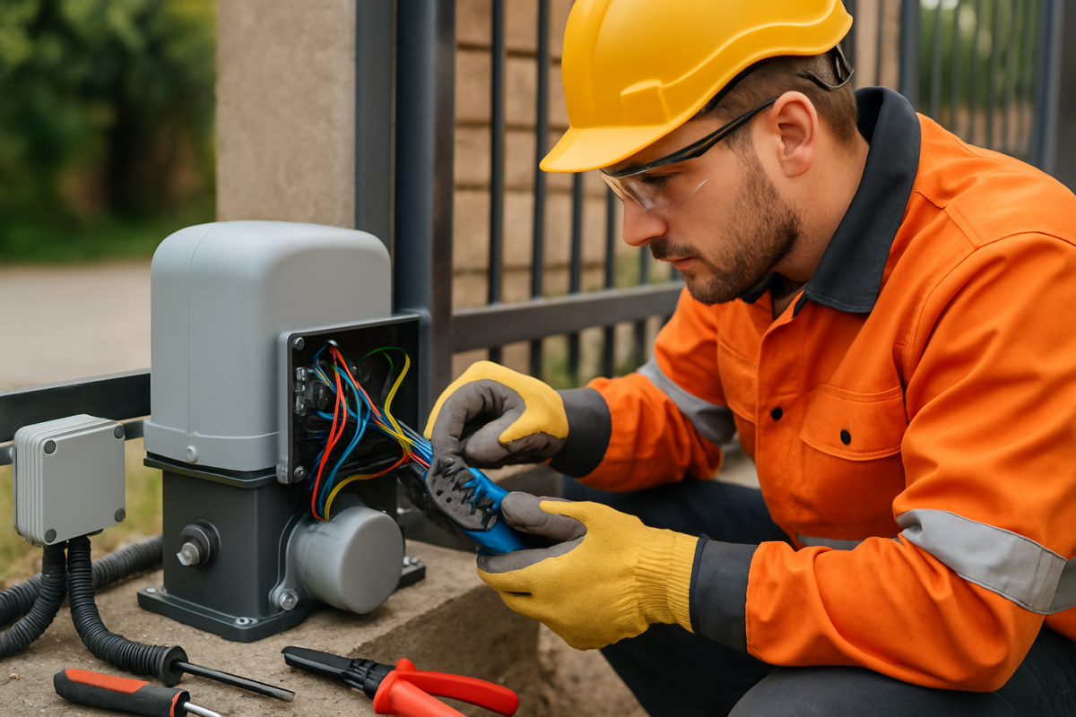 instalare cablaj automatizări porți cu conectori motor poartă și protecție cabluri exterior
