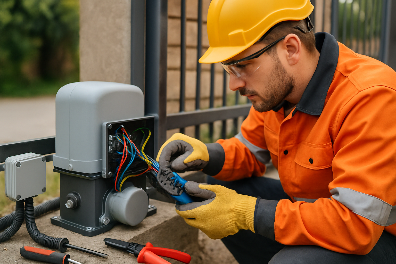 instalare cablaj automatizări porți cu conectori motor poartă și protecție cabluri exterior