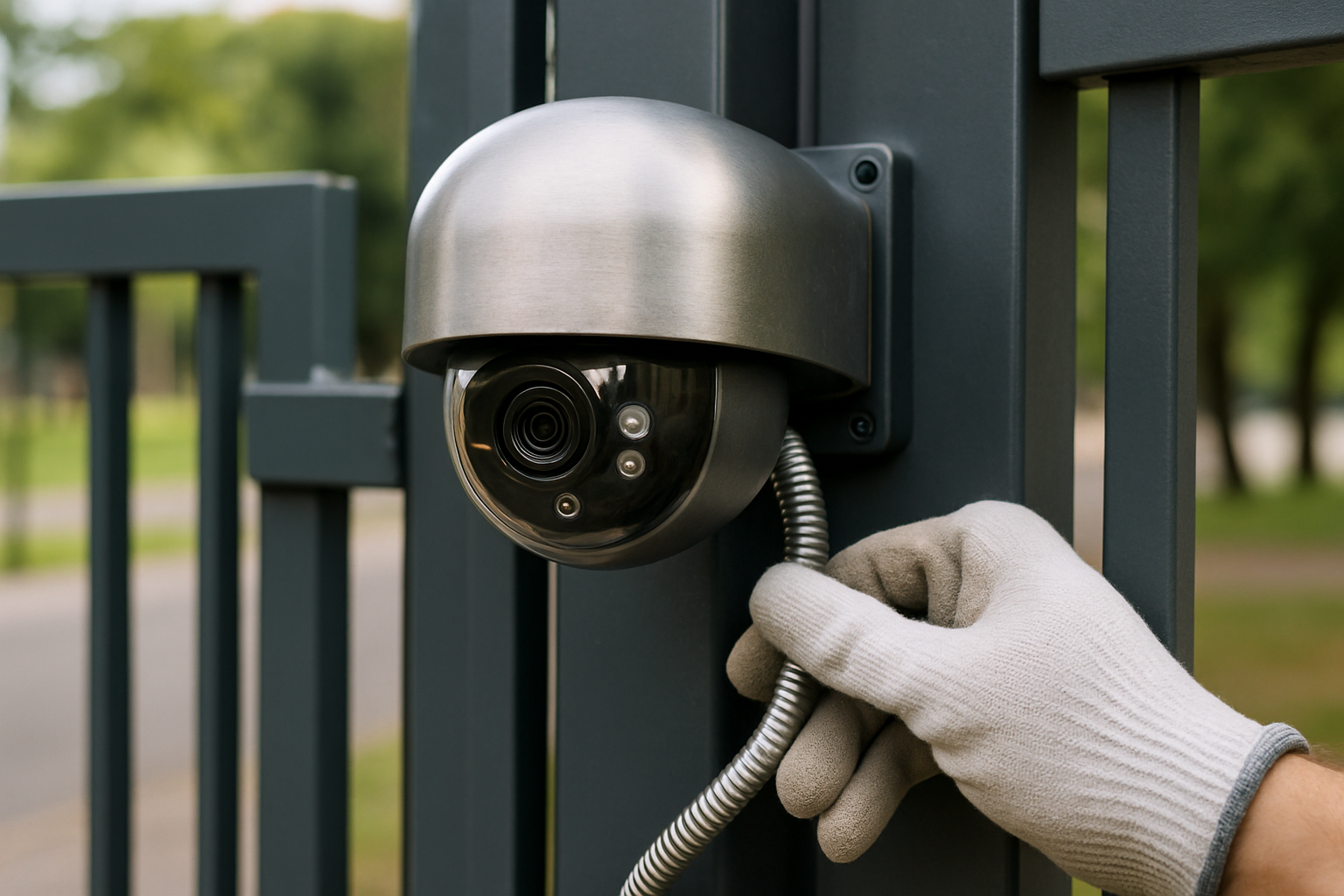 Capete antivandal porți montat lângă o poartă automată, protecție și instalare