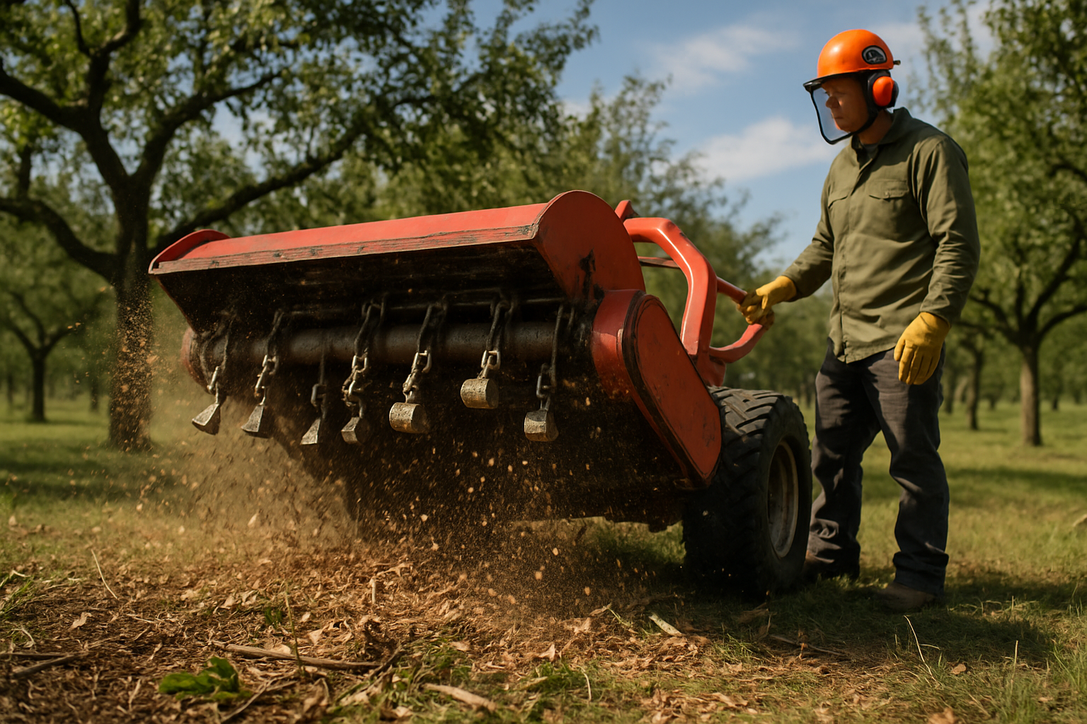 Tocator agricol în lucru cu capete tocător și sârmă tocător deșeuri vizibile
