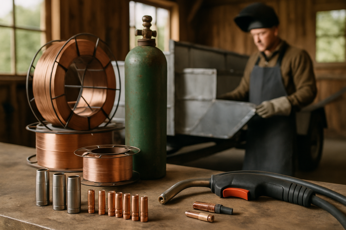 Set de consumabile sudură MIG MAG pe o masă de atelier, inclusiv sârmă gaz sudură