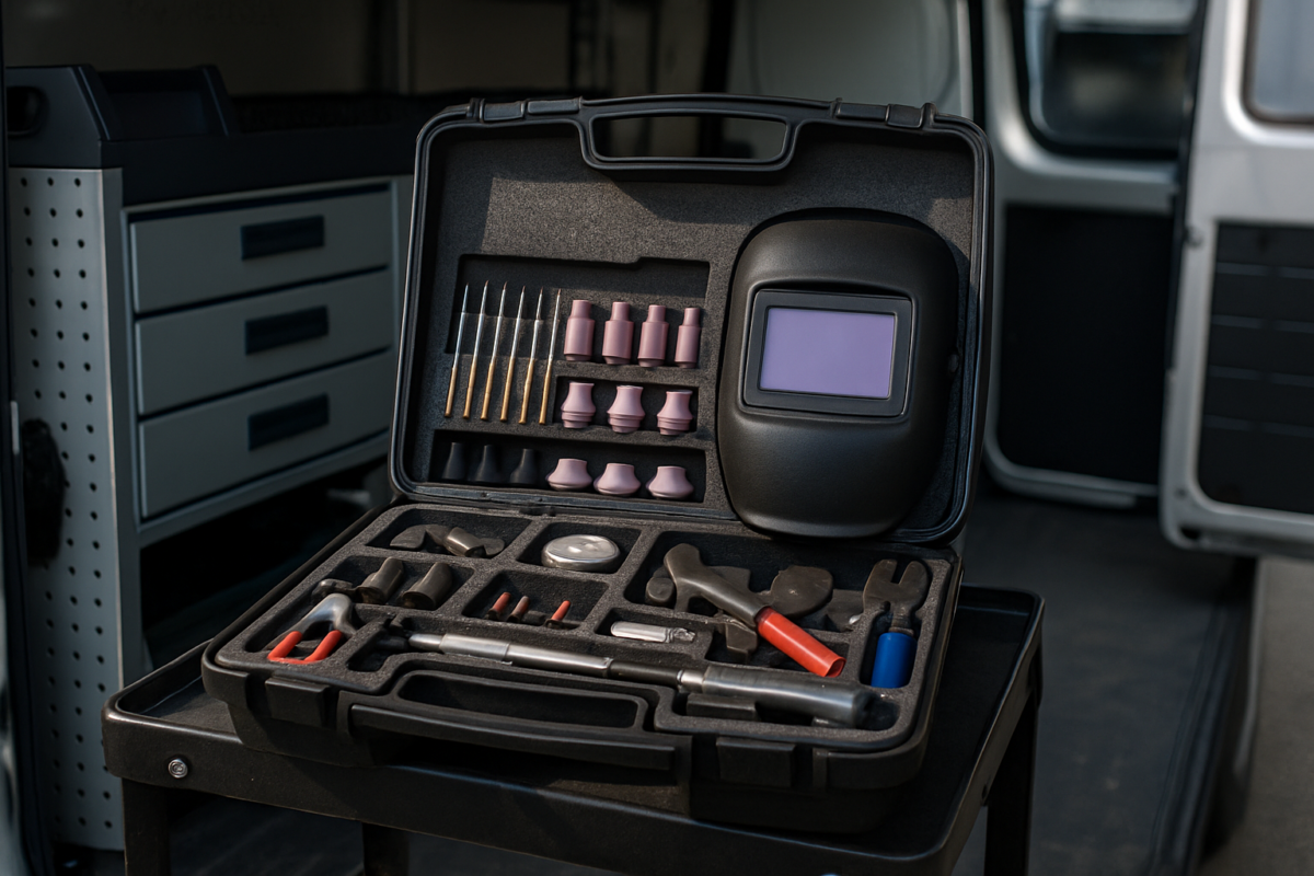 trusă TIG mobil cu consumabile sudură TIG organizate în compartimente