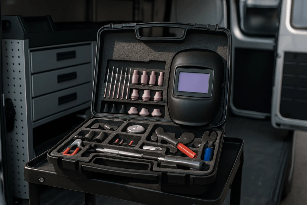 trusă TIG mobil cu consumabile sudură TIG organizate în compartimente