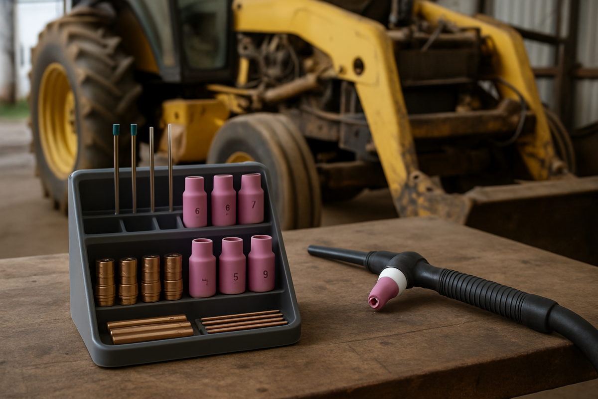 kit consumabile sudură TIG organizat pe masa de lucru, consumabile sudură TIG pentru reparații utilaje agricole