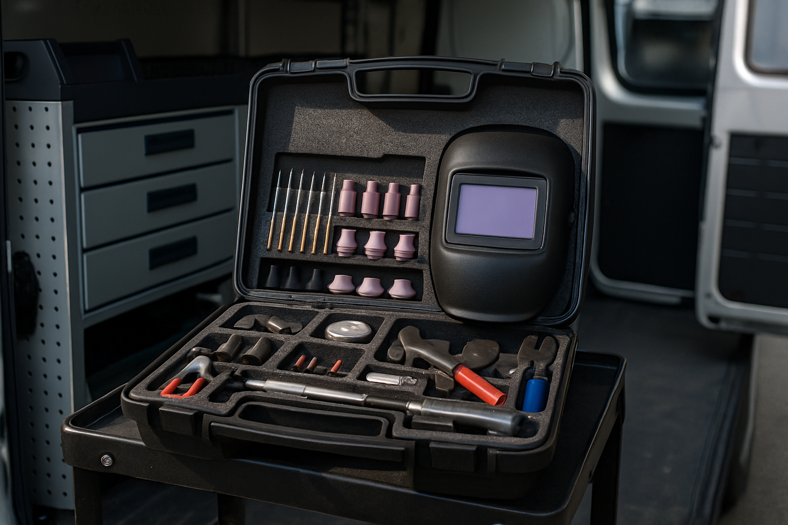 trusă TIG mobil cu consumabile sudură TIG organizate în compartimente
