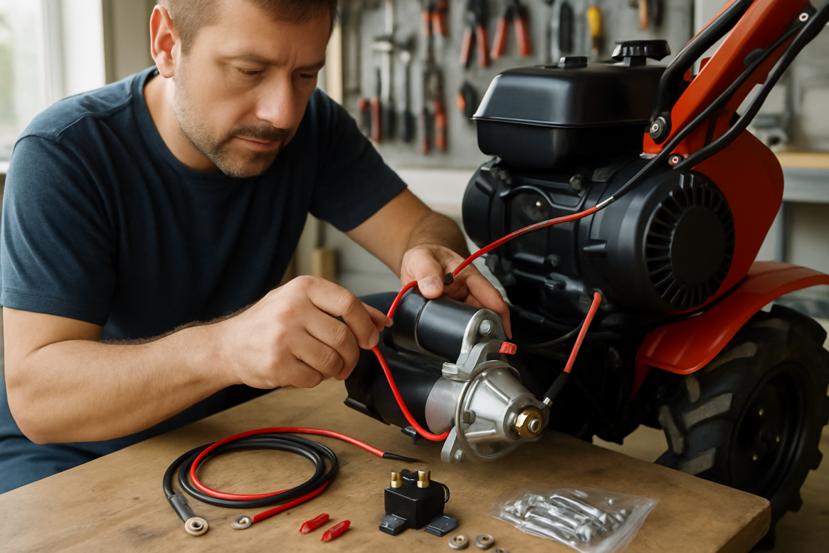 demaror motosapă electric montat pe motosapă cu cablaj și kit pornire electrică motosapă