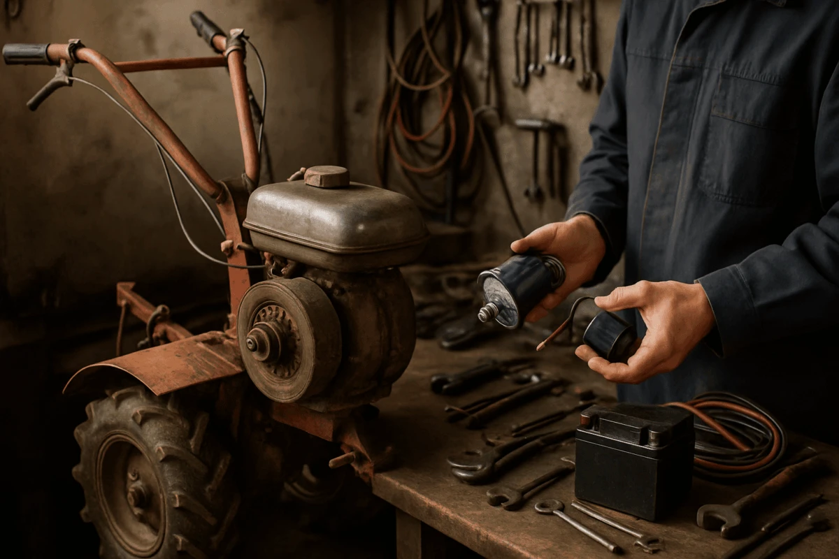 Mecanic ținând demaror motosapă veche lângă piese de sistem aprindere motosapă