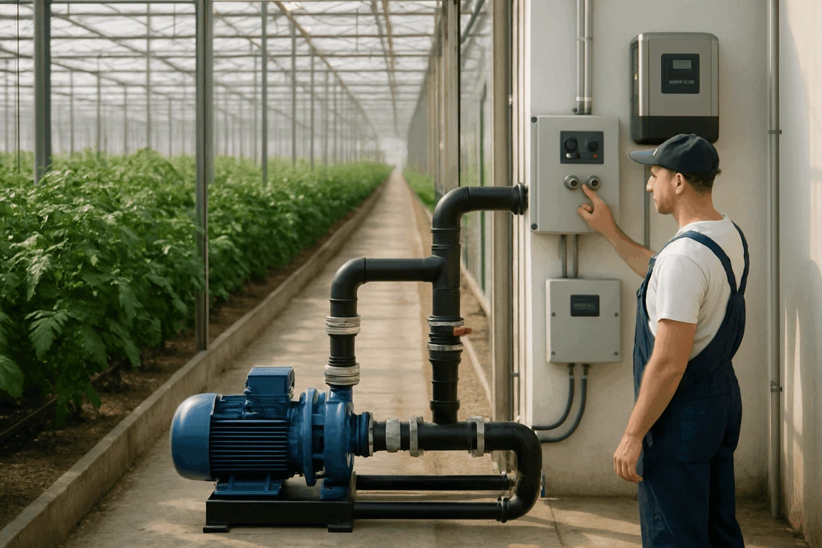 Stație de pompare într-o seră, ilustrare pentru economisire energie pompe sere