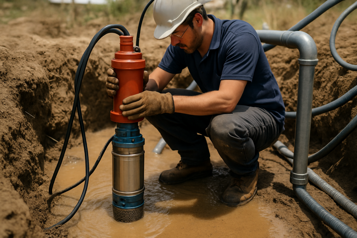 Instalare filtru autopurtător pompe nisip pe o pompă submersibilă într-o fântână