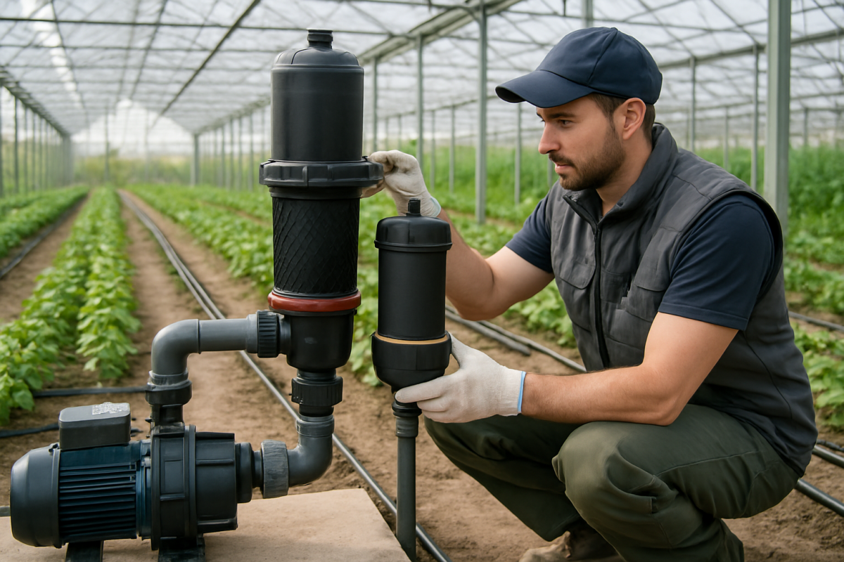 Instalatie de irigare in sera cu filtru pentru pompe sere montat lângă pompă