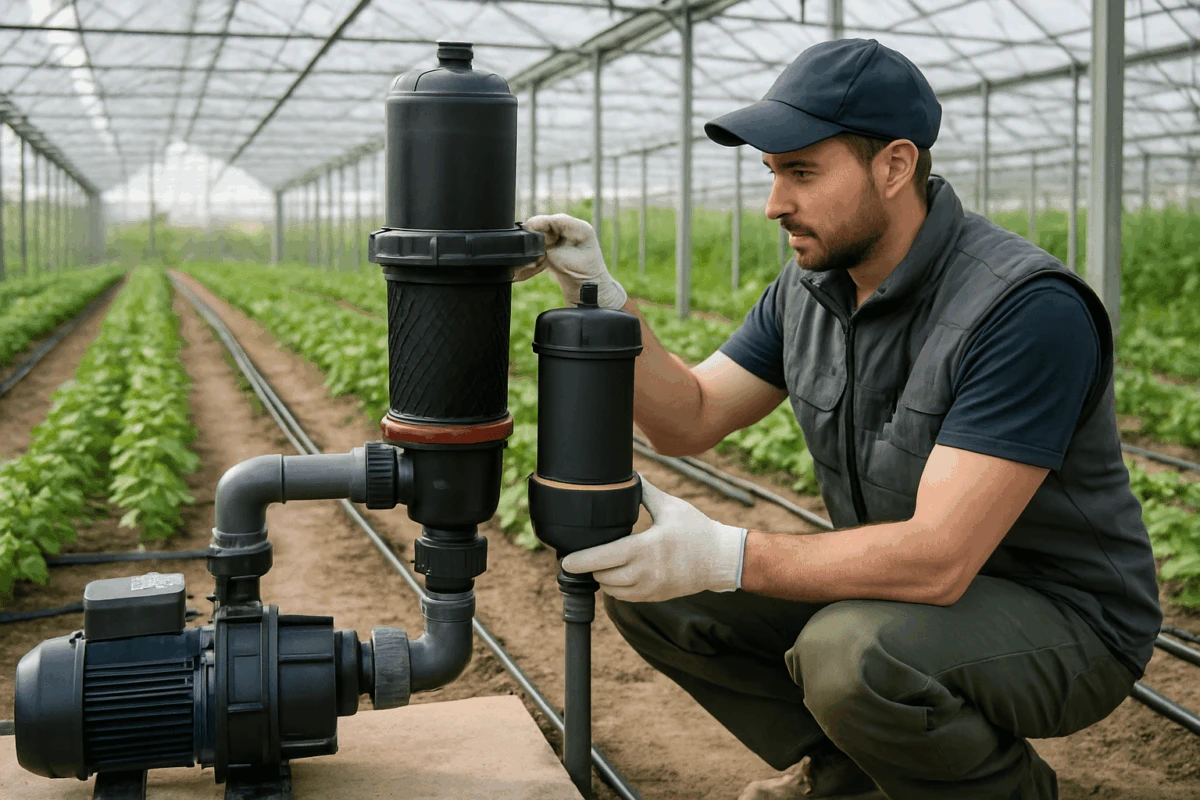 Instalatie de irigare in sera cu filtru pentru pompe sere montat lângă pompă