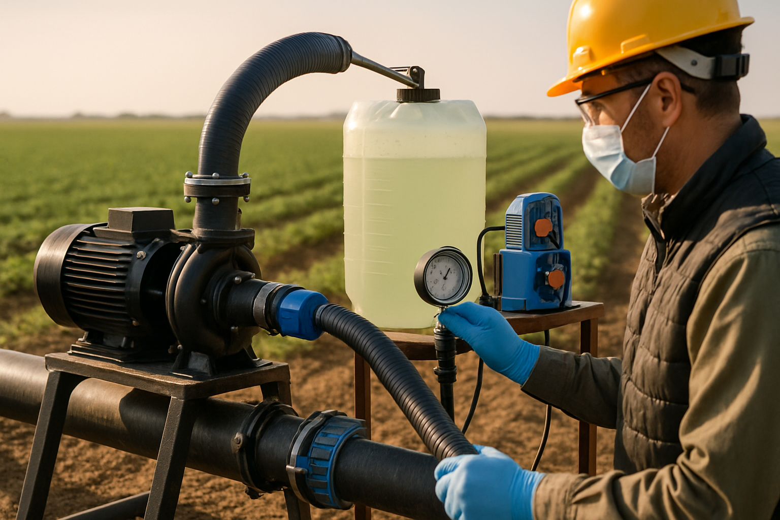 Sistem integrat de dozare fertilizare lichidă montat lângă o pompă de irigații