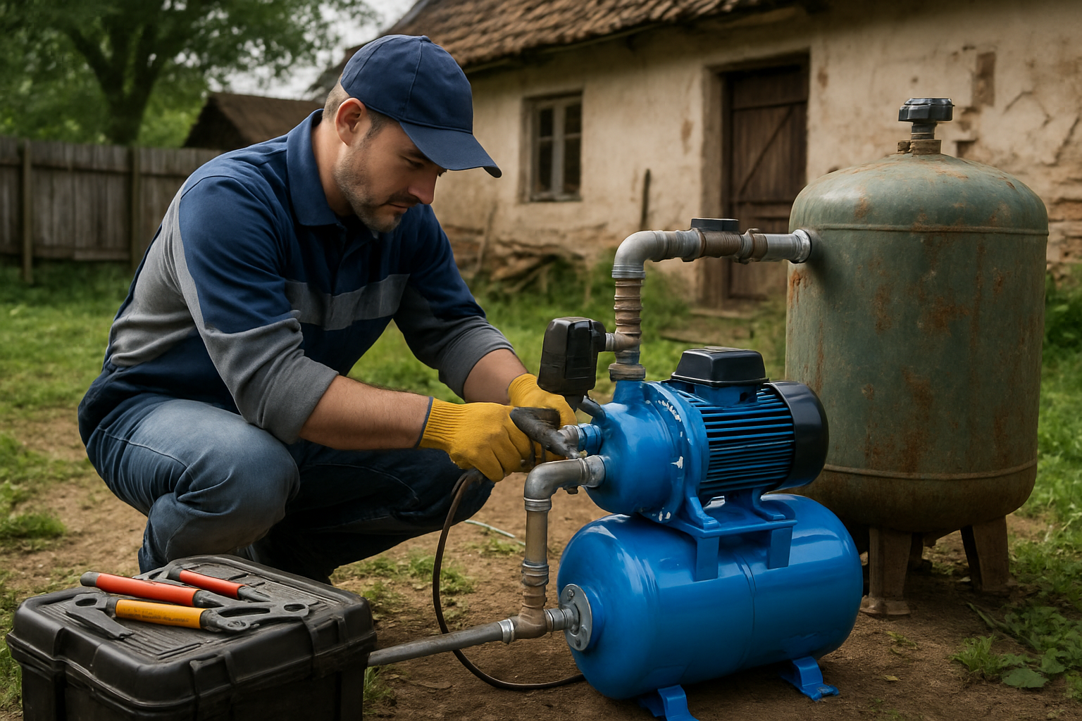 Tehnician înlocuire hidrofor într-o gospodărie veche - instalare pompă nouă