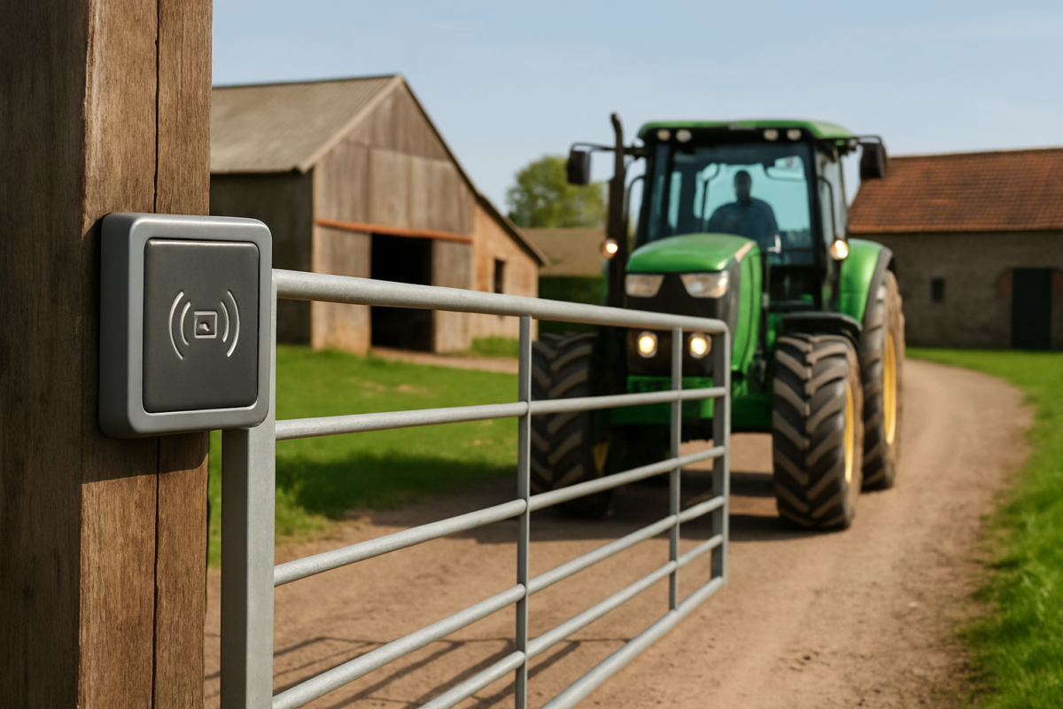 Cititor RFID montat lângă o poartă automată la fermă - RFID poartă automată