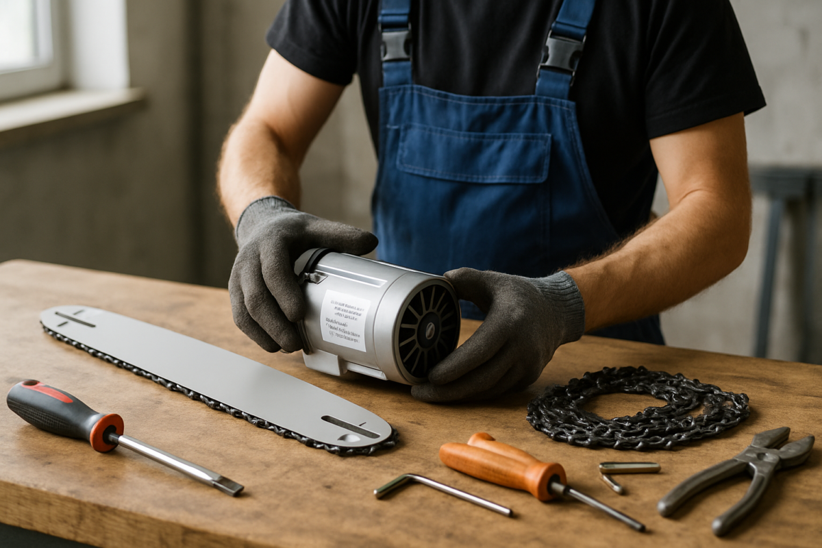 kit conversie drujbă electric pe bancul de lucru cu motor electric drujbă