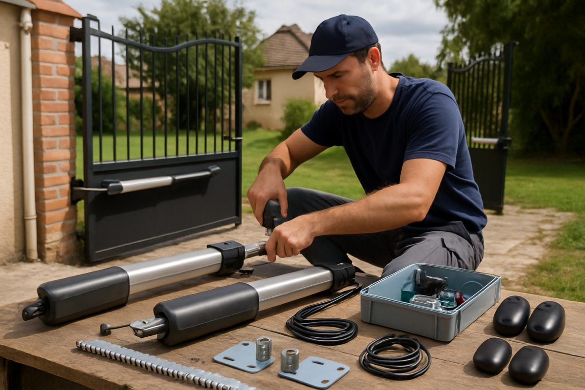 Instalator montând kit conversie electrică poartă la o poartă batantă