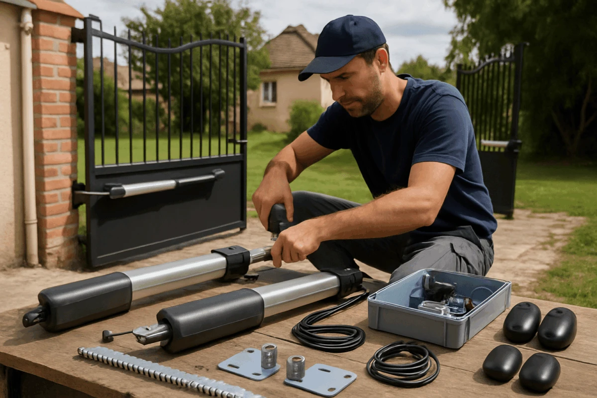 Instalator montând kit conversie electrică poartă la o poartă batantă