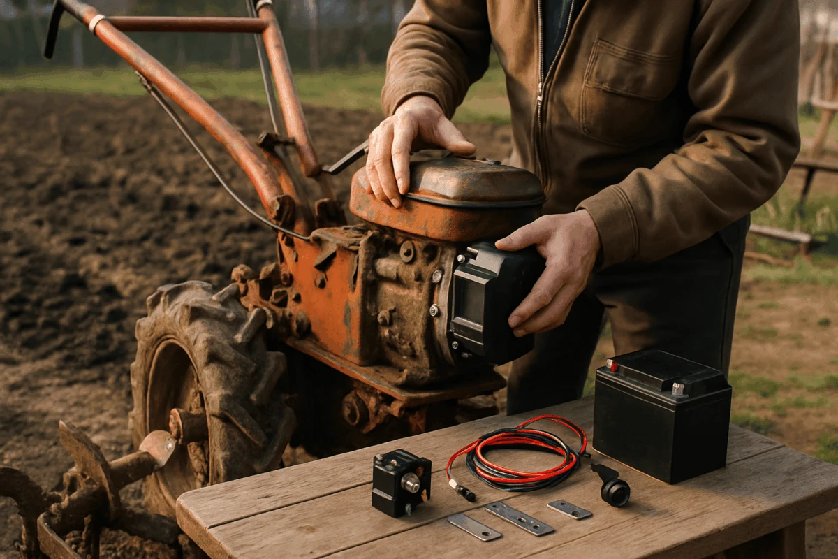 Montaj kit conversie pornire electrică pe o motosapă veche