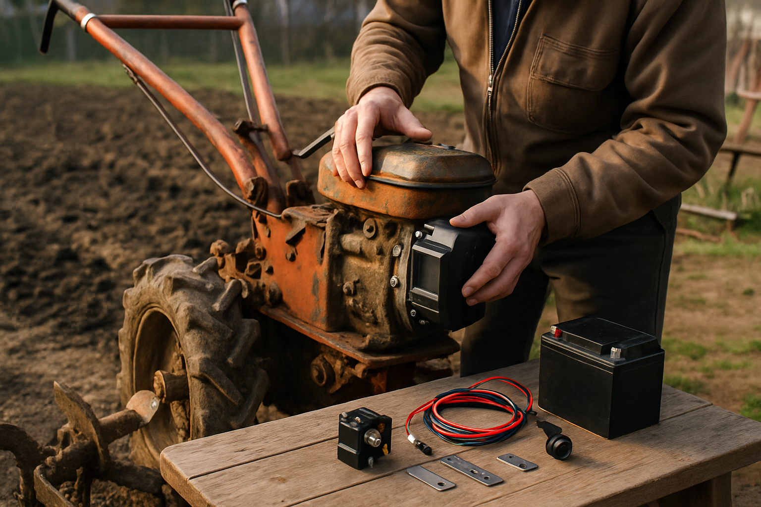 Montaj kit conversie pornire electrică pe o motosapă veche