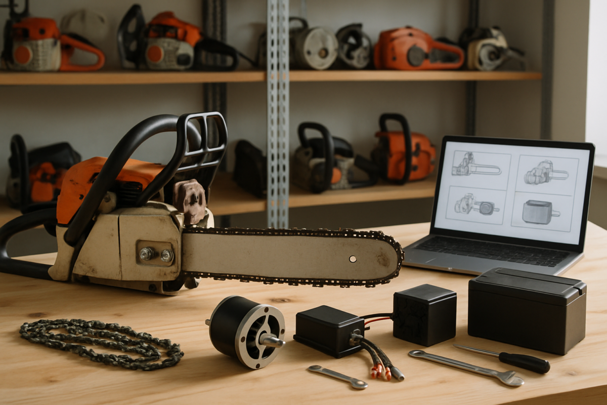 kit drujbă electrică pe masa de lucru lângă o drujbă cu motor termic