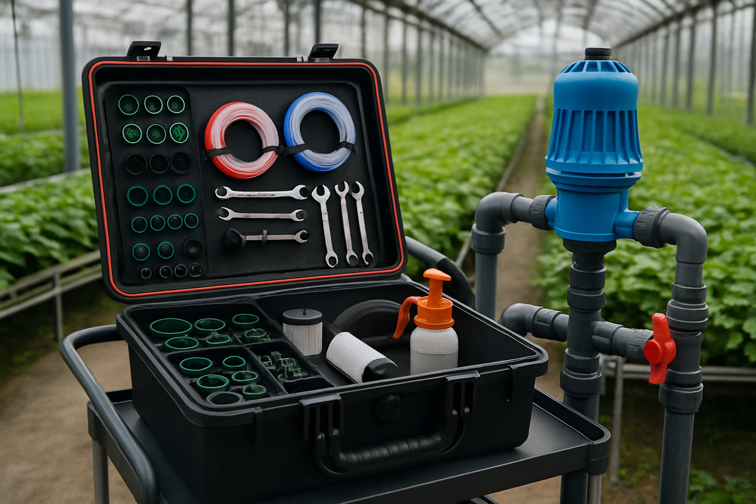 kit intervenții pompe fertilizare pregătit lângă o pompă de fertilizare în seră