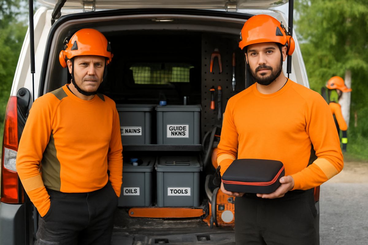 Trusă drujbă echipă în vehicul cu kit piese drujbă mobil pentru întreținere arbori