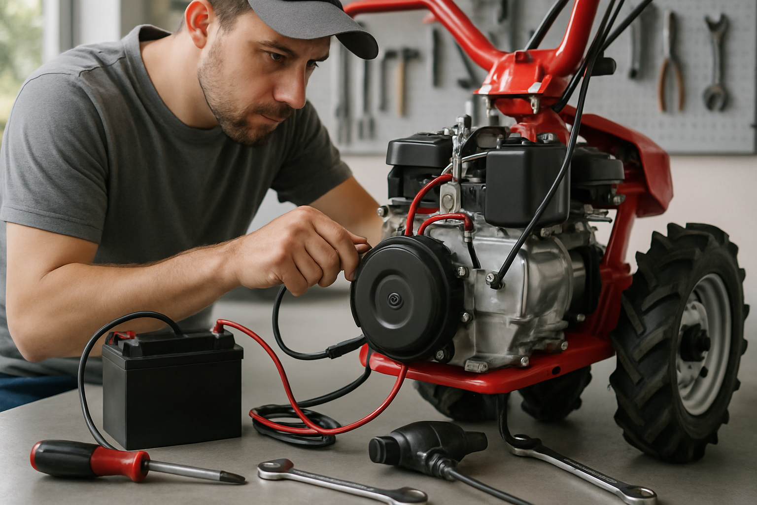montaj kit pornire electrică motosapă pe motosapă în atelier