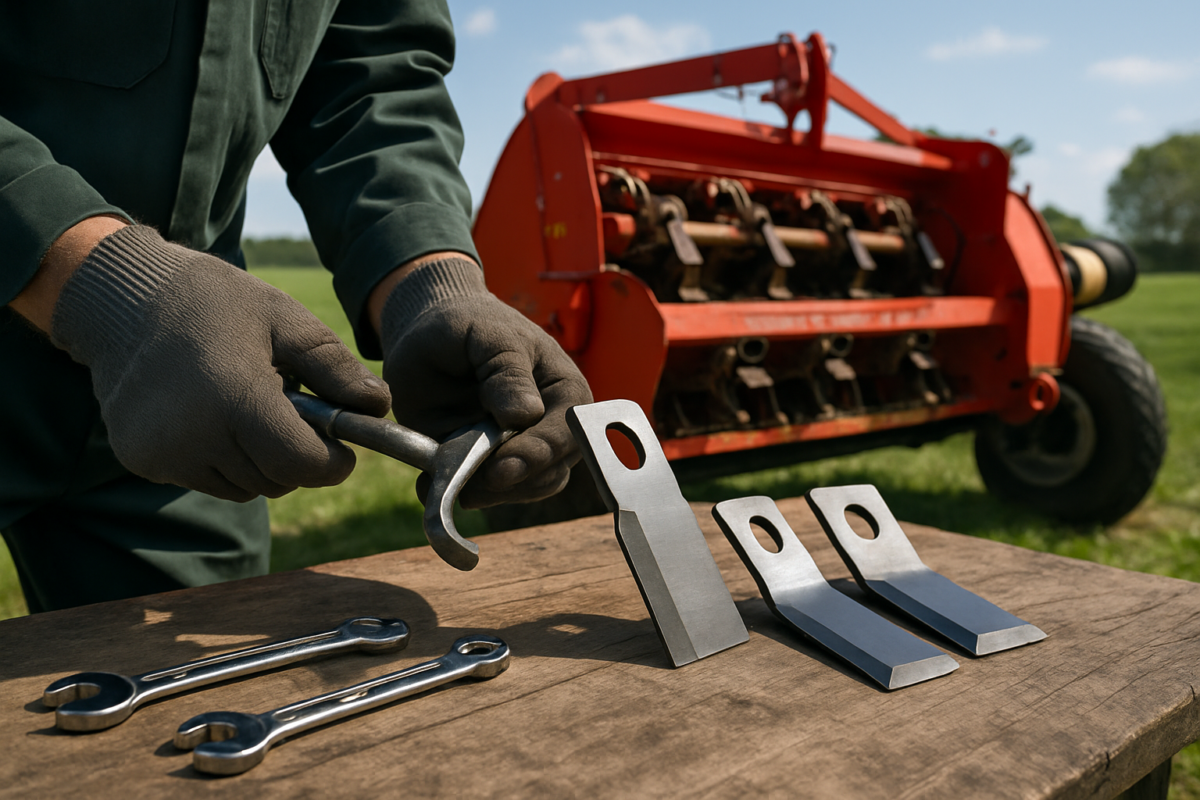Modernizare tocător: tehnician schimbând cuțitele pe un tocător agricol