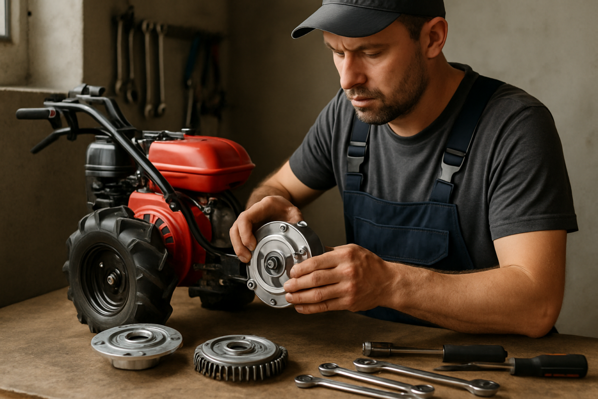montaj ambreiaj motosapă - mecanic reglează ambreiajul unei motosape