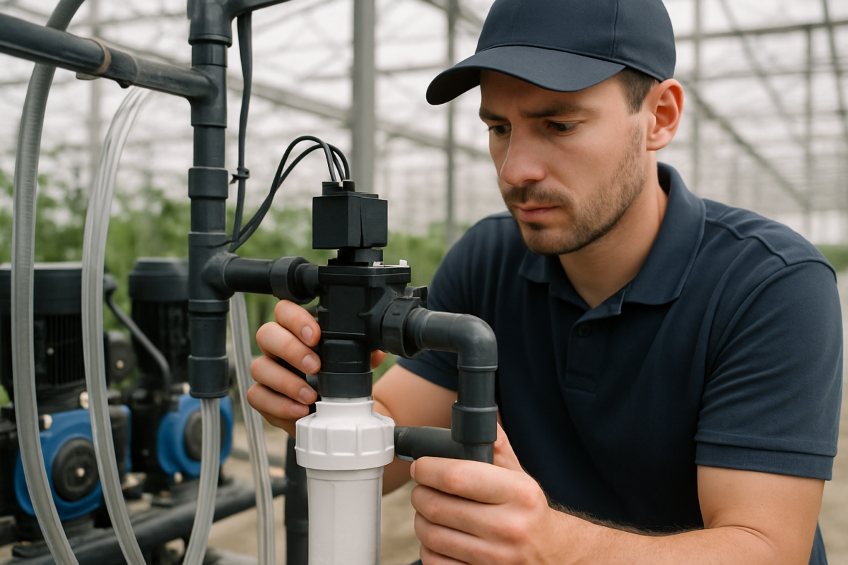 Montaj electrovane fertilizare într-o sera cu furtunuri si filtru