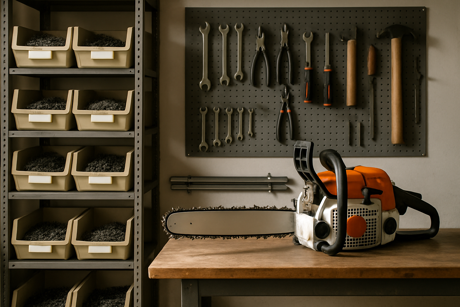 Atelier ordonat cu organizare piese drujbă pe rafturi și pegboard