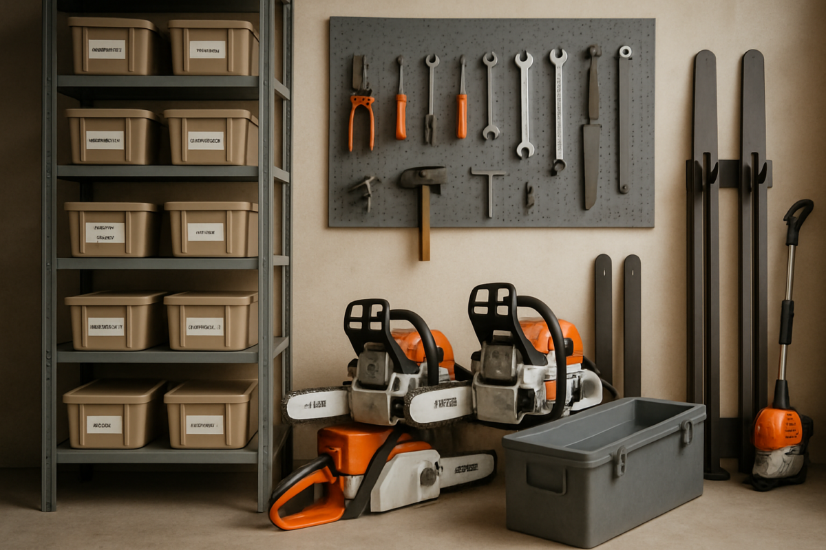 organizare piese drujbă pe rafturi metalice cu cutii etichetate