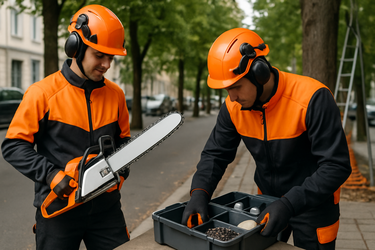 echipă montând pachete piese drujbă echipe pentru întreținerea arborilor municipali