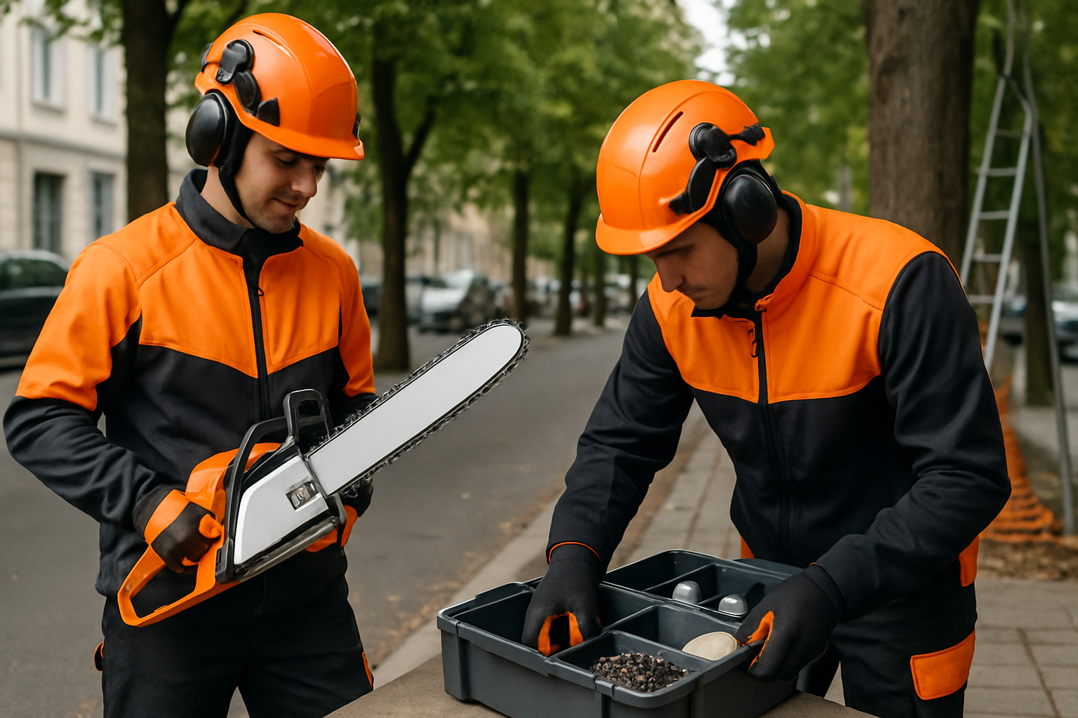 echipă montând pachete piese drujbă echipe pentru întreținerea arborilor municipali