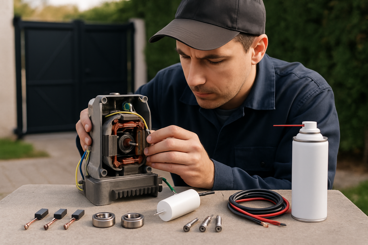 tehnician cu kit de piese întreținere motoare porti în timp ce verifică un motor electric pentru poartă