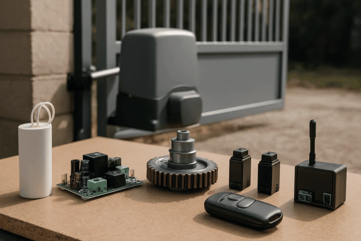 Piese motoare automatizare poartă pe o masa de lucru: condensator, placa electronica, senzori de limita