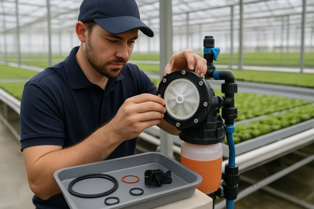 tehnician înlocuind membrane pompe - piese pompe fertilizare