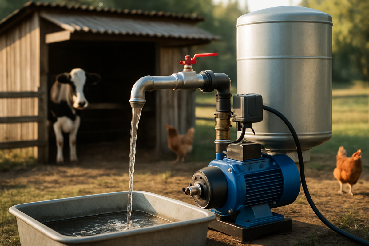 pompa pentru adăposturi montată lângă rezervor pentru alimentarea cu apa a animalelor