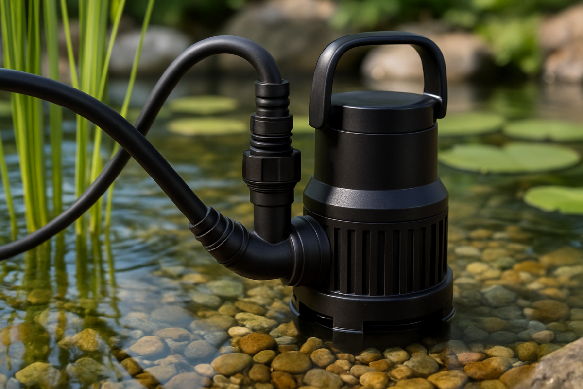 pompa recirculare iaz montata intr-un iaz ornamental mic, vedere detaliata