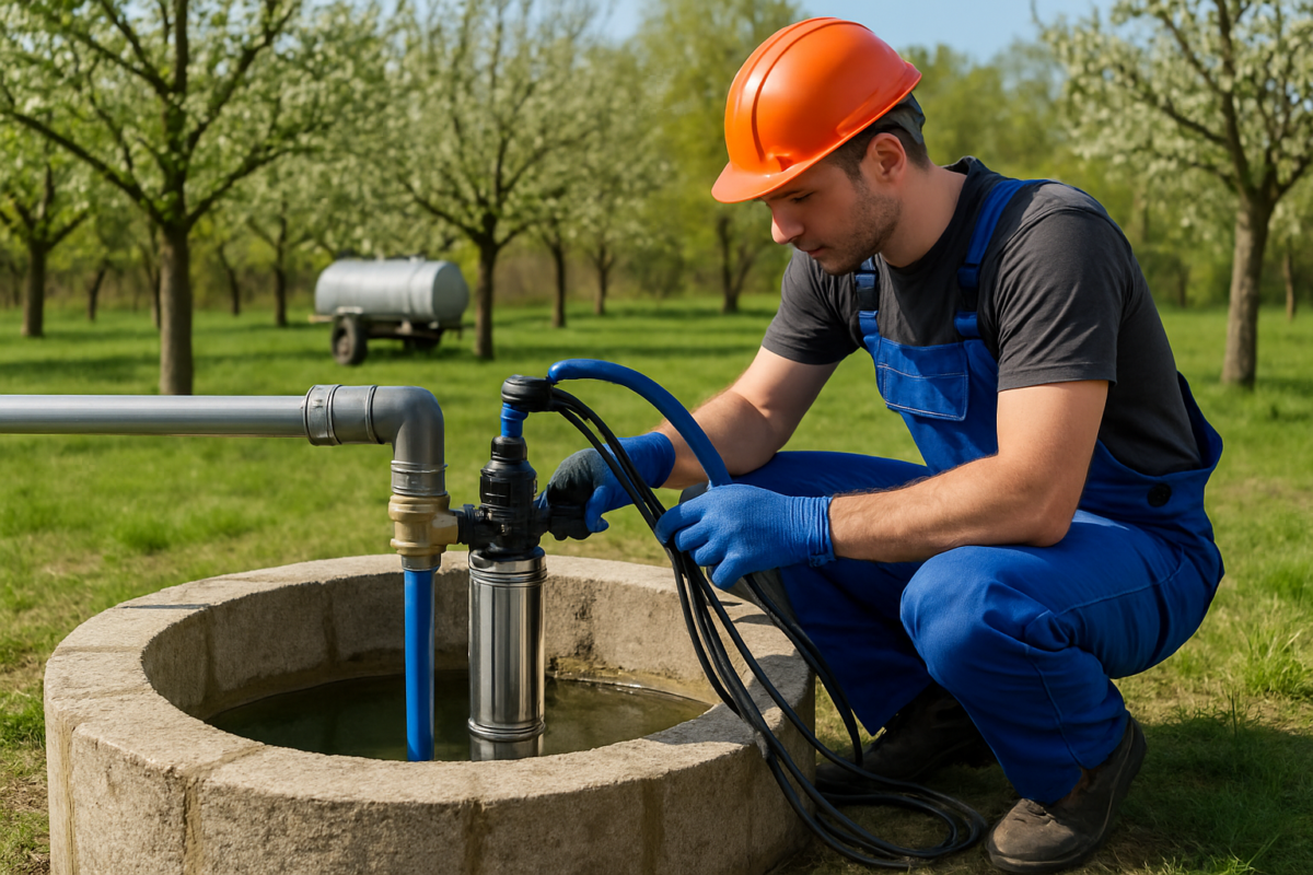 Pompa submersibila instalata intr-o fantana pentru irigatii si alimentare cu apa