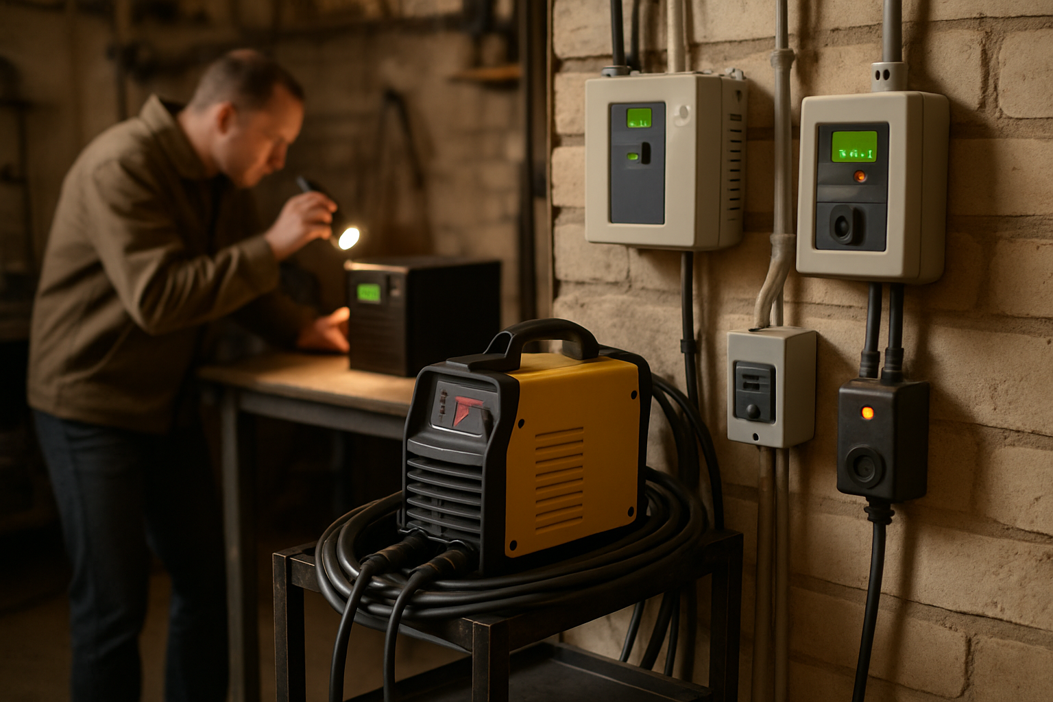 Soluții de protectie aparat sudura: stabilizator, supresor supratensiune și UPS lângă un aparat de sudură