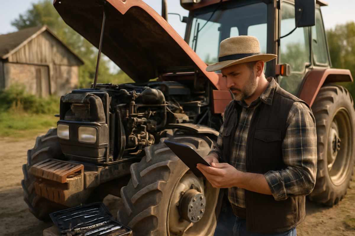 fermier verificand recepție utilaje second hand la traktor cu capota ridicata