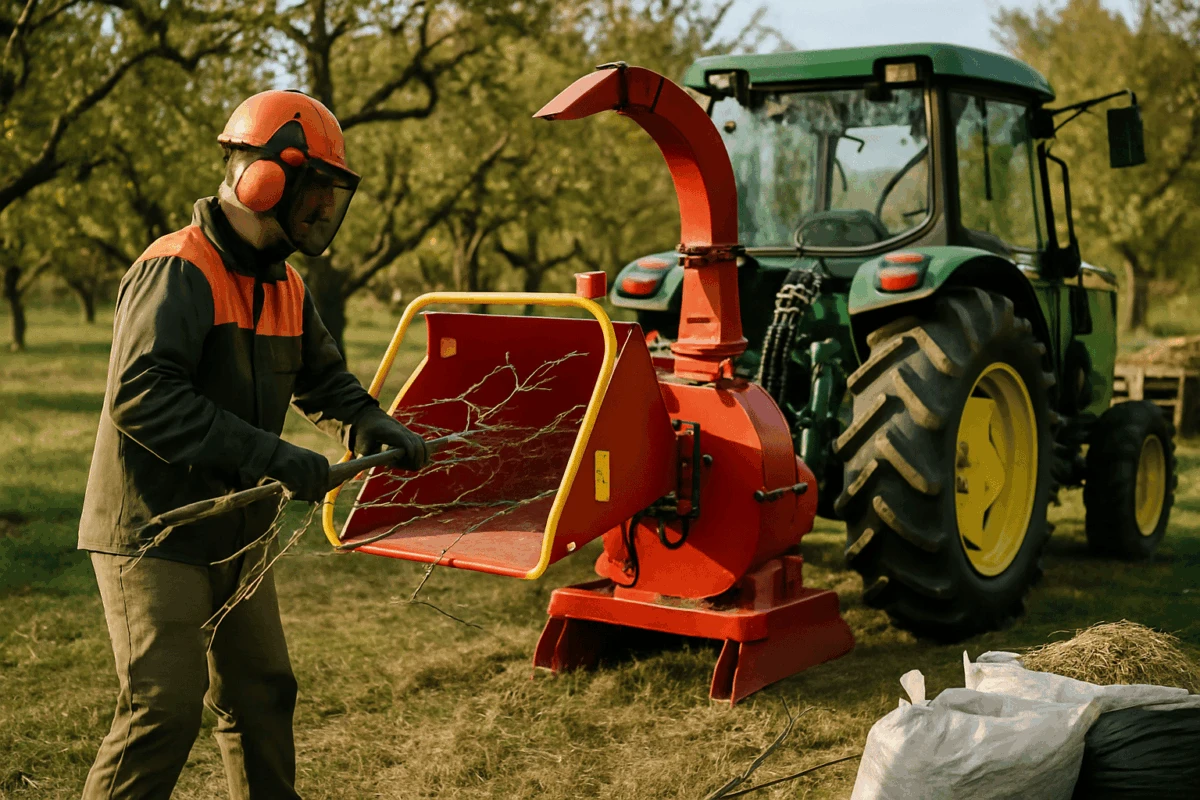 Tocator tractat într-o livadă pentru reciclare resturi tocate, operator în echipament de protecție